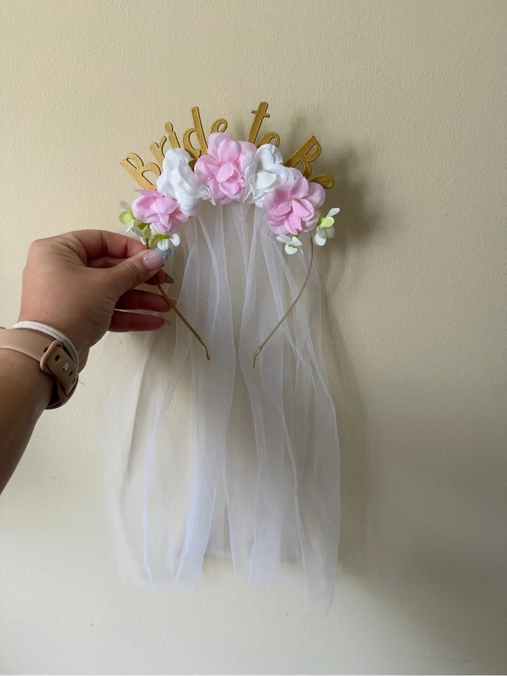 Bridal Floral Headband with Veil - Pink & White